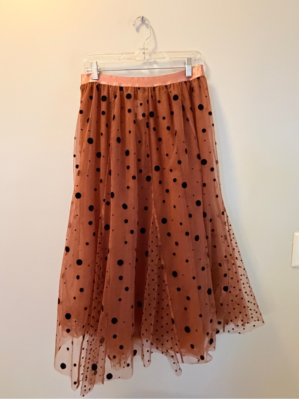 Anthropologie Maeve Brown Tulle Midi Skirt with Black Polka Dots - Picture 2 of 6